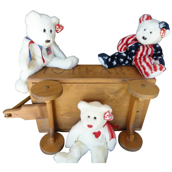 Beanie Buddy Teddy Bear Wooden Wagon Set 4 Pc Set Liberty Spangle Valentino 14" - Picture 2 of 12